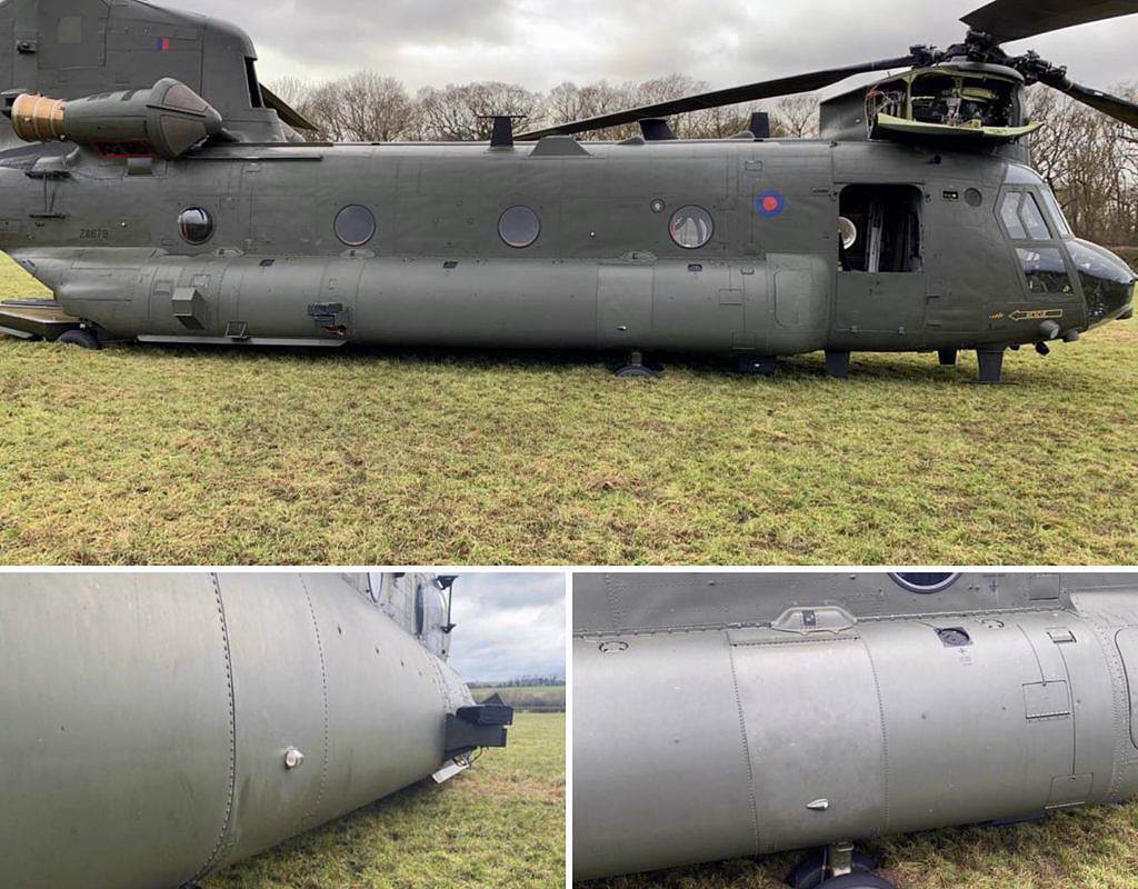 An RAF CH-47 Chinook sits tire-deep in freezing mud south of Oxford in England, where it spent nearly a week until it could be freed Jan. 11. RAF Benson Photo