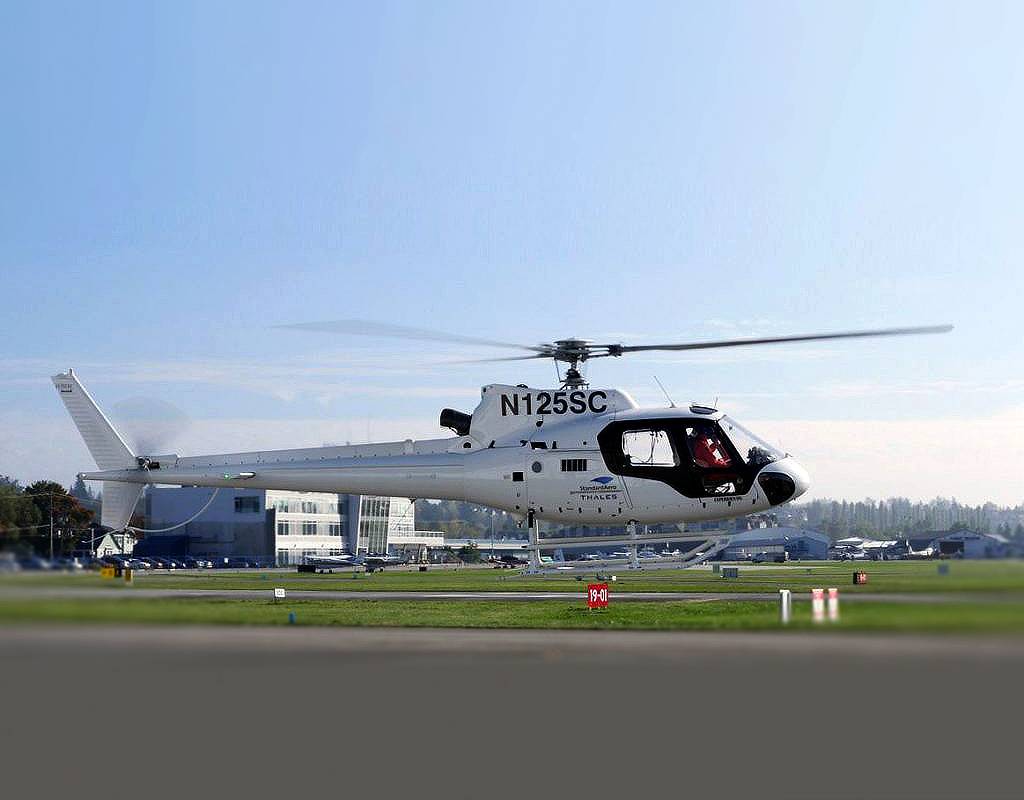 Testing of the industry’s first 4-axis autopilot flight test for Airbus AS350 and H125 helicopters will continue throughout this winter at StandardAero’s Langley, British Columbia, Canada facility. Thales Group Photo