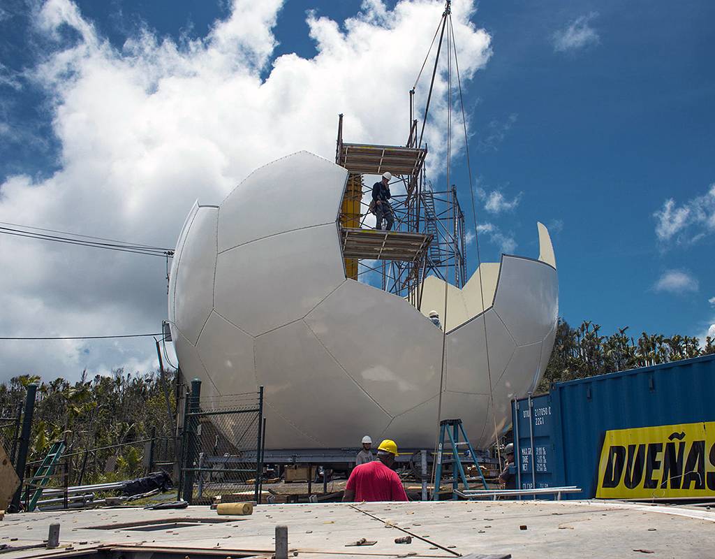A 30-foot spherical radome under construction in Puerto Rico in 2018 after a previous installation was destroyed by Hurricane Maria. FEMA/Eduardo Martinez Photo