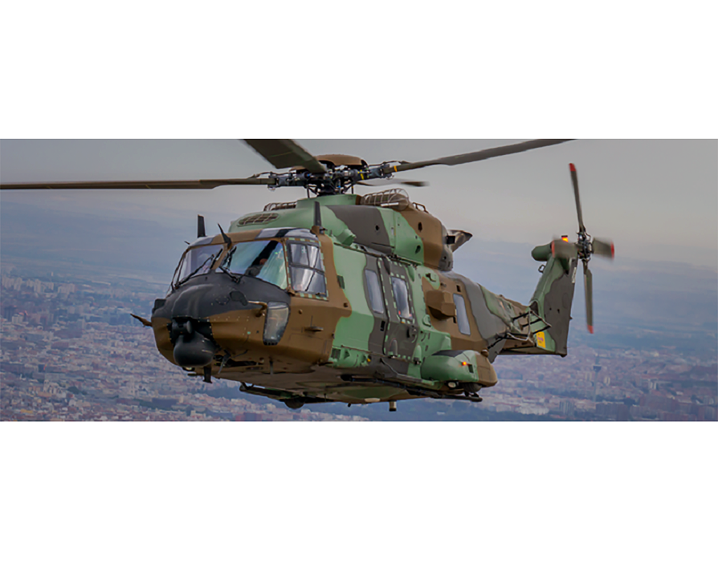 Indra will equip the GSPA and MSPT versions of the NH90 used by the Spanish Army, Air Force and Navy with a complete self-protection suite. Indra Photo