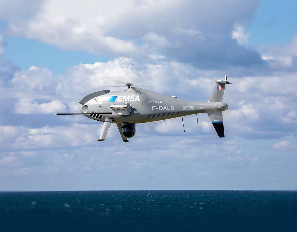 The unmanned air system CAMCOPTER S-100 specifically measures the ships’ sulphur emissions to check compliance with the European Union rules governing the sulphur content of marine fuels. Schiebel Photo