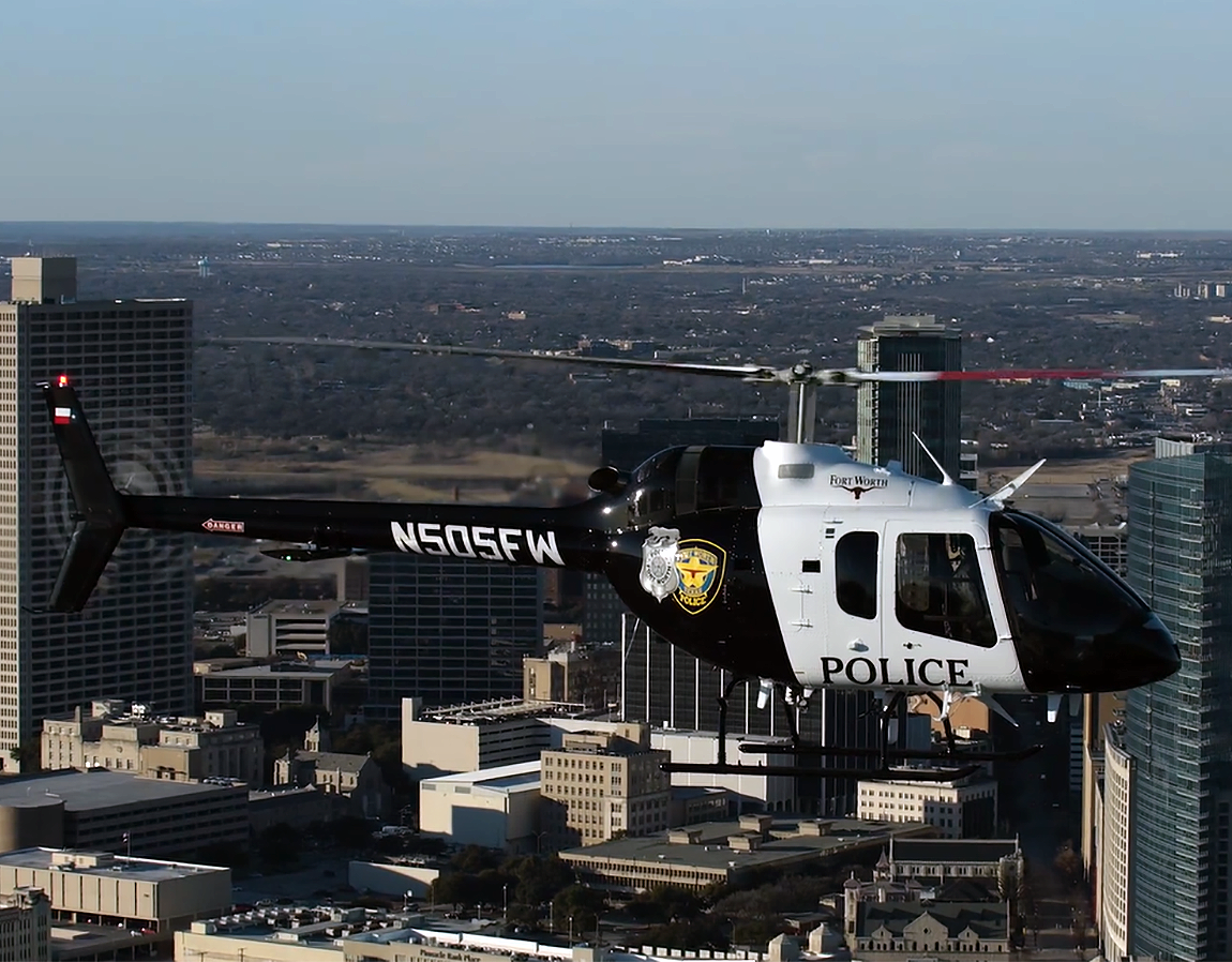 The Fort Worth Police Department’s new customized Bell 505 Jet Ranger X joins the forces’s two Bell 206 Jet Ranger aircraft. Bell Photo