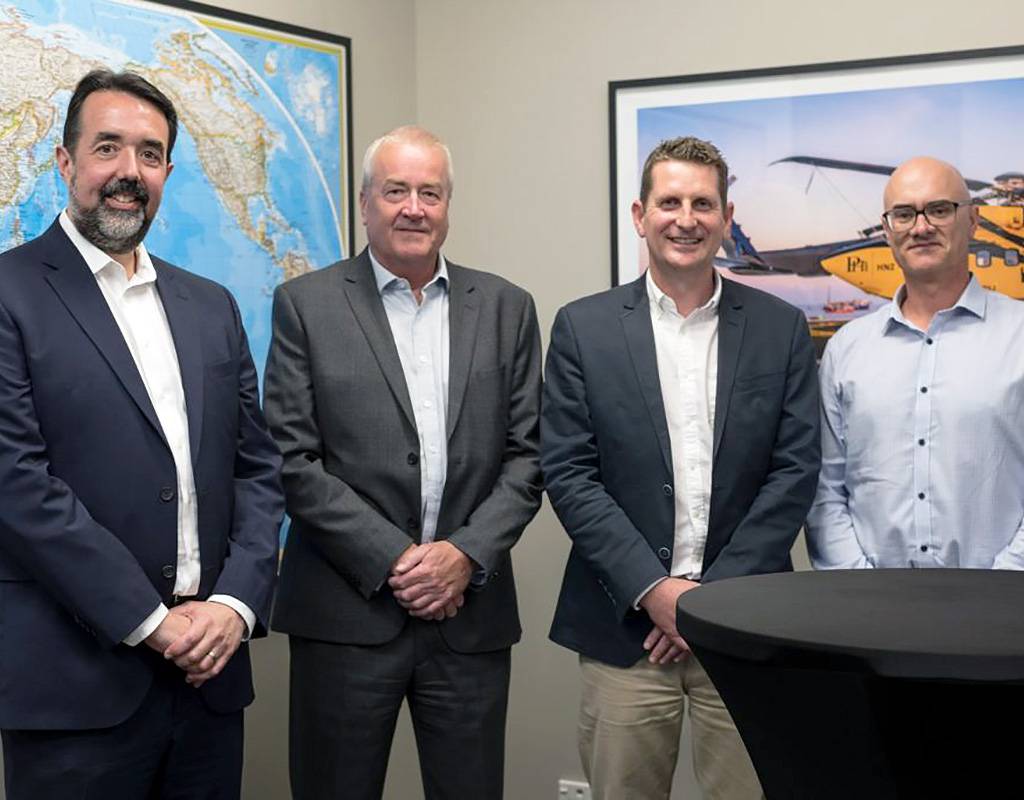 From left to right: Keith Mullett, managing director, PHI Aviation; Mike Price, chief operating officer, PHI International; Mat Quinn, country manager New Zealand and general manager operations, Beach Energy; and Simon Elliott, operations support team leader, OMV Taranaki Limited. PHI International Photo