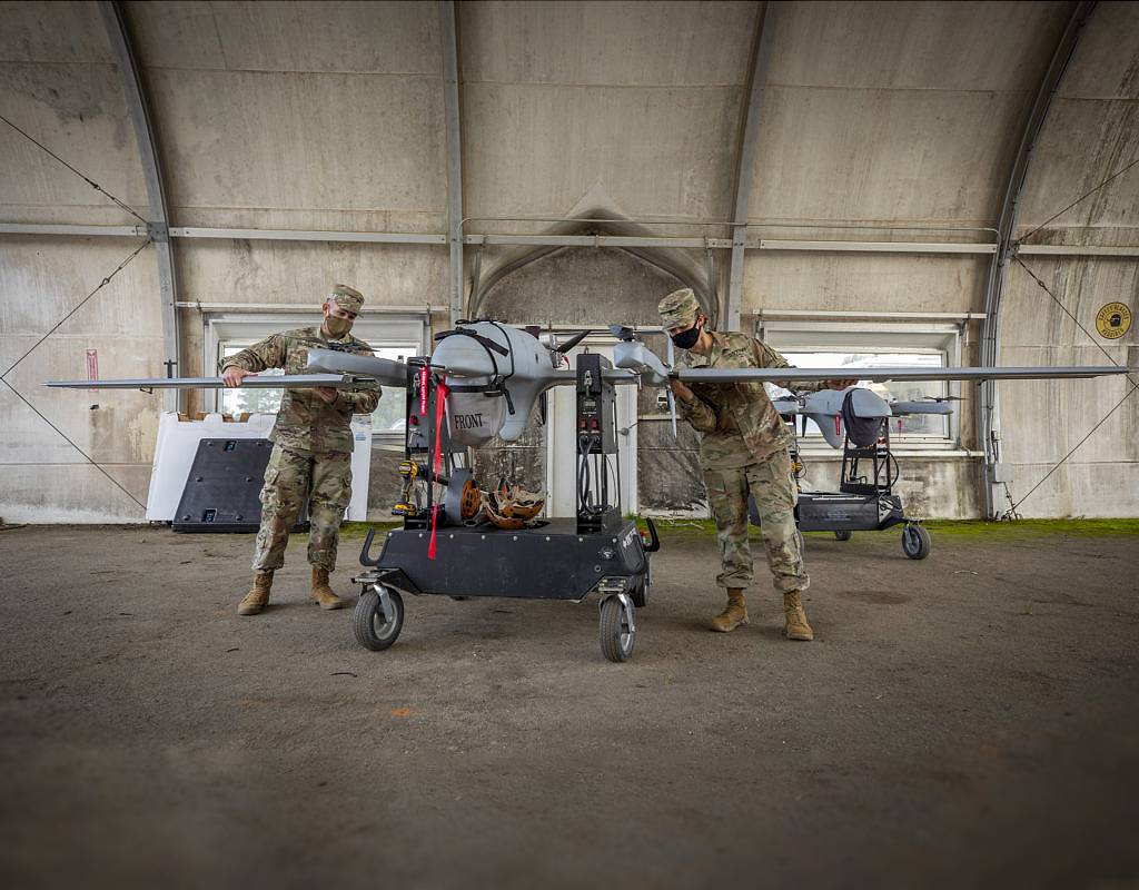 Soldiers from the 3rd Armored Brigade Combat Team, 1st Armored Division, Fort Bliss, Texas conduct pre-flight inspections on the L3 Harris FVR-90 unmanned aircraft system on Feb. 25. U.S. Army Photo by Mr. Luke J. Allen
