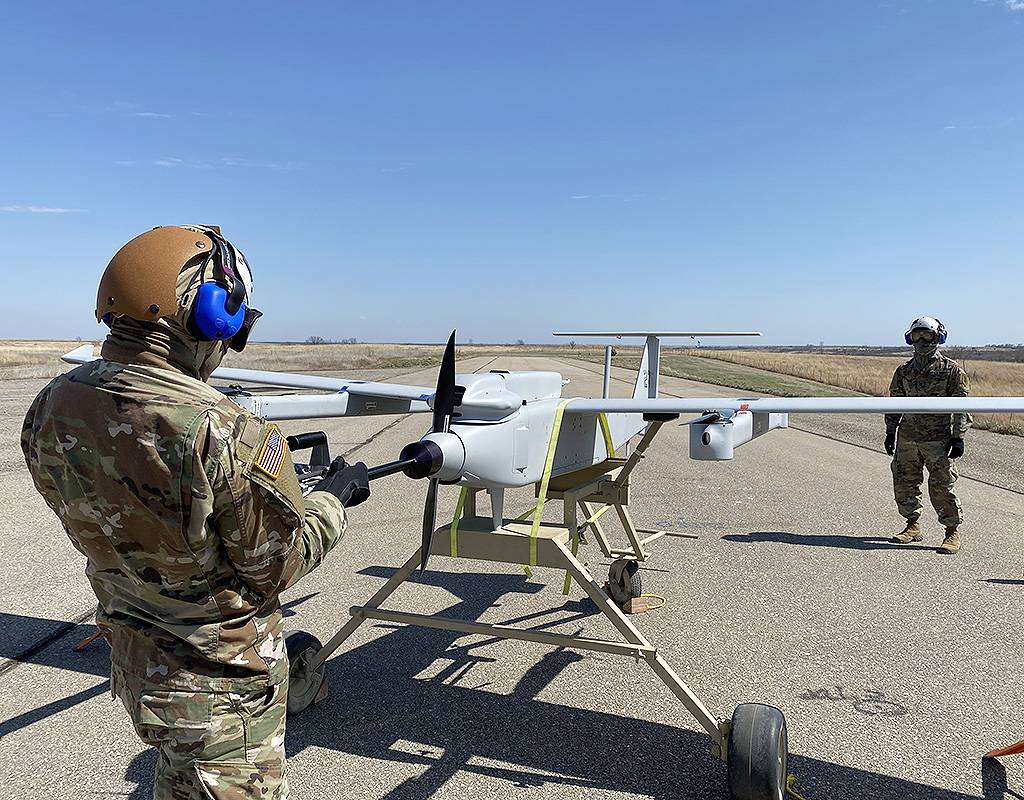 U.S. Army Spc. Christopher McCoy assigned to 1st Engineer Battalion, 1st Infantry Division, conducts an engine start on the JUMP 20 prior to a launch during the FTUAS capabilities assessment at Fort Riley, Kansas, April 8, 2020. U.S. Army Photo