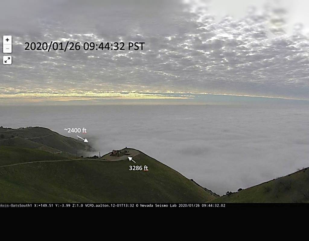 A weather camera image shows the top of the surrounding cloud layer at the approximate time of the crash. Pilots should not count on finding breaks in this type of low, stratus cloud deck. NTSB Image