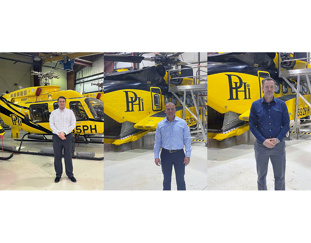 From left to right, Cory Clark, PHI Aviation business development analyst; Cory Latiolais, PHI Aviation chief commercial officer; Travis Latiolais, PHI Aviation vice president, commercial and business development. PHI Aviation Photos
