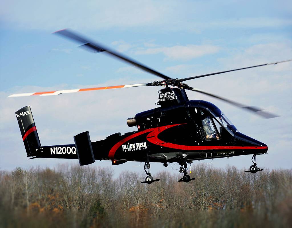 The K-MAX is a rugged, low-maintenance aircraft that features a counter-rotating rotor system and is optimized for repetitive external load operations. Kaman Photo