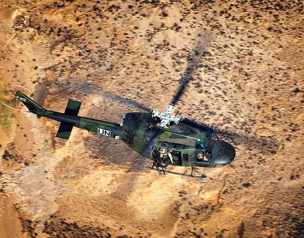 A CH-146 Griffon helicopter flies near Gao in northern Mali while deployed in support of MINUSMA in 2018. Lloyd Horgan Photo