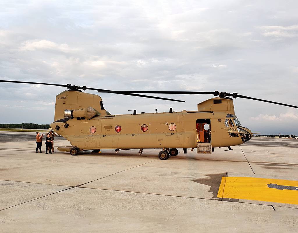 A CH-47 Chinook helicopter arrives at Dover Air Force Base in June. AMCOM Photo