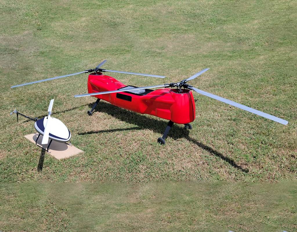 UAS Global Services will introduce the Sicura EG-1100 (left) and Anzen EG-1250 helicopters at AUVSI XPONENTIAL 2021. Both are equipped with Sky Power engines. Sky Power Photo
