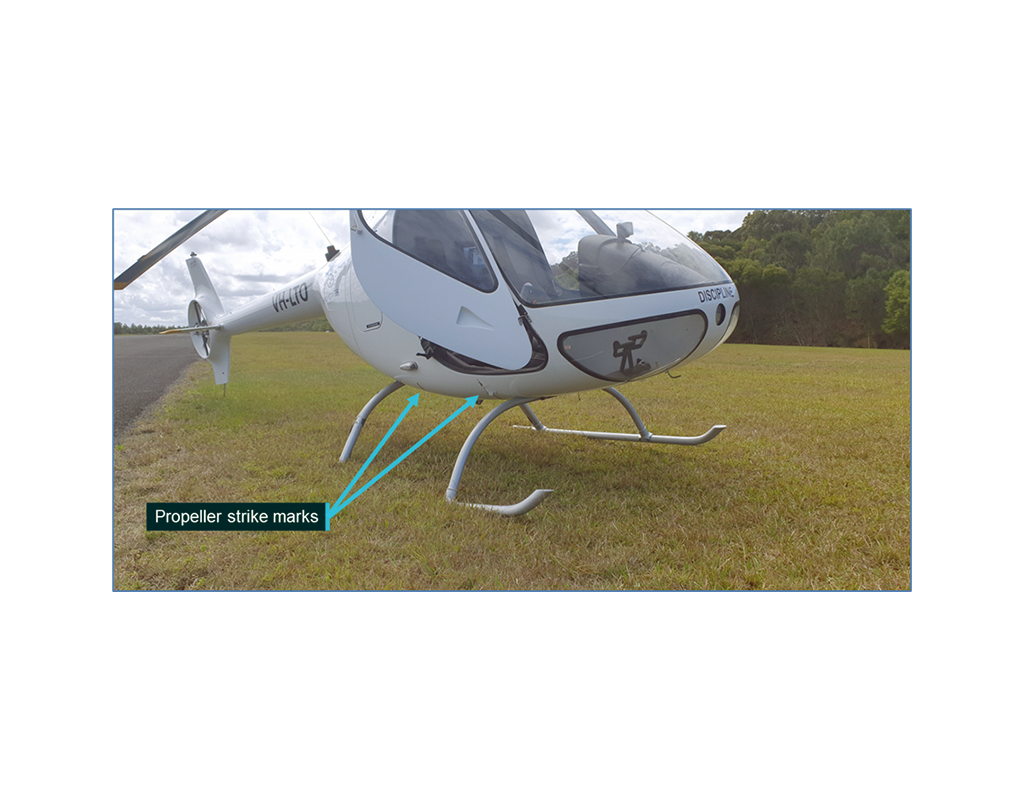 The propeller strike is visible on the Guimbal Cabri G2 helicopter. Aeropower Photo annotated by the ATSB