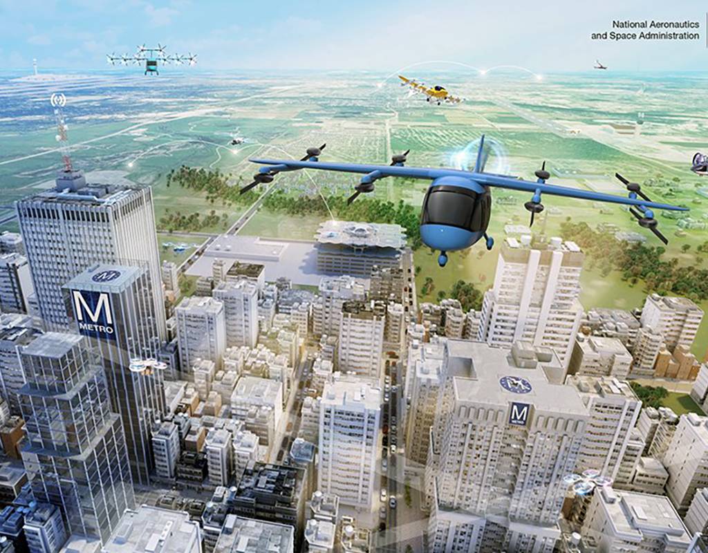 The NASA AAM project will support the safe development of an air transportation system using revolutionary unmanned and autonomous eVTOL aircraft. NASA Image