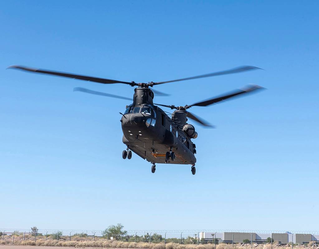 Three CH-47F Block II Chinook helicopters are in flight test at Boeing’s Mesa, Arizona, facility with the Advanced Chinook Rotor Blades installed. Boeing Photo