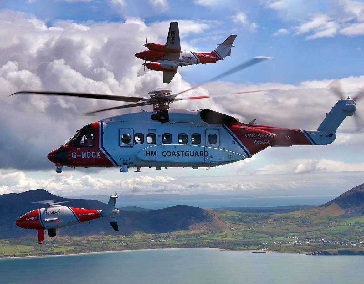 HM Coastguard’s drone, helicopter and airplane assets undertaking their first formation flight in Wales Ian Black, HM Coastguard, Bristow Helicopters, 2Excel Aviation Photo