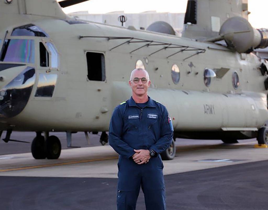Former Australian Army technician avionics and current Boeing aircrewman technician instructor, Greg Maiden from the School of Army Aviation has completed 5000 hours of flying in the CH-47 Chinook at RAAF Base Townsville, Queensland. Commonwealth of Australia Photo