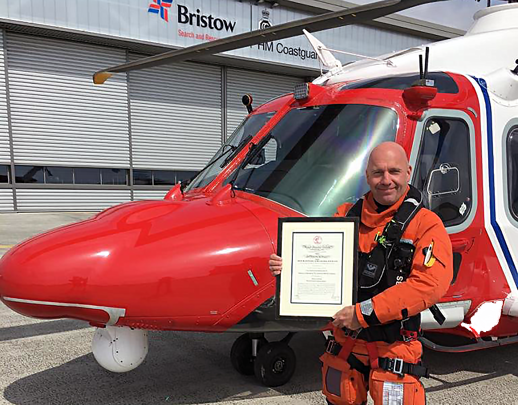 HM Coastguard Search and Rescue Lydd helicopter winch paramedic Mark Scotland was awarded with the Testimonial on Parchment for bravery. Bristow Photo