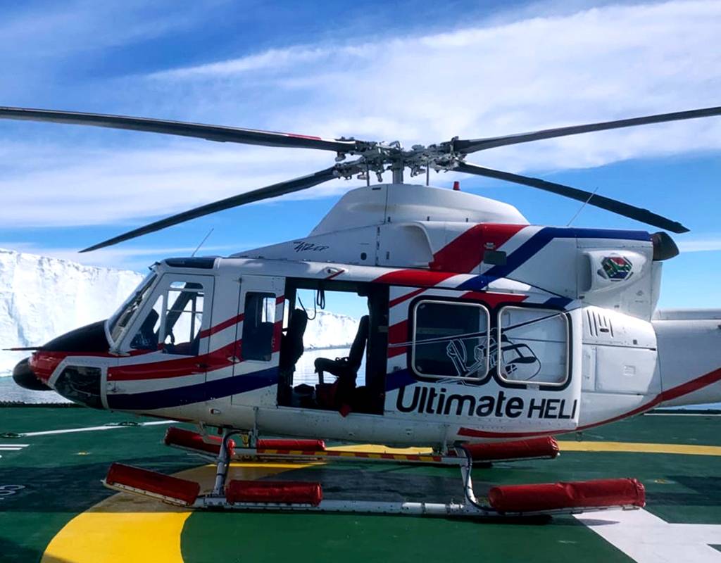 During the expedition, Ultimate HELI helicopters will operate passenger and heavy lift underslung flights in and around the Weddell Sea in Antarctica. Ultimate HELI Photo