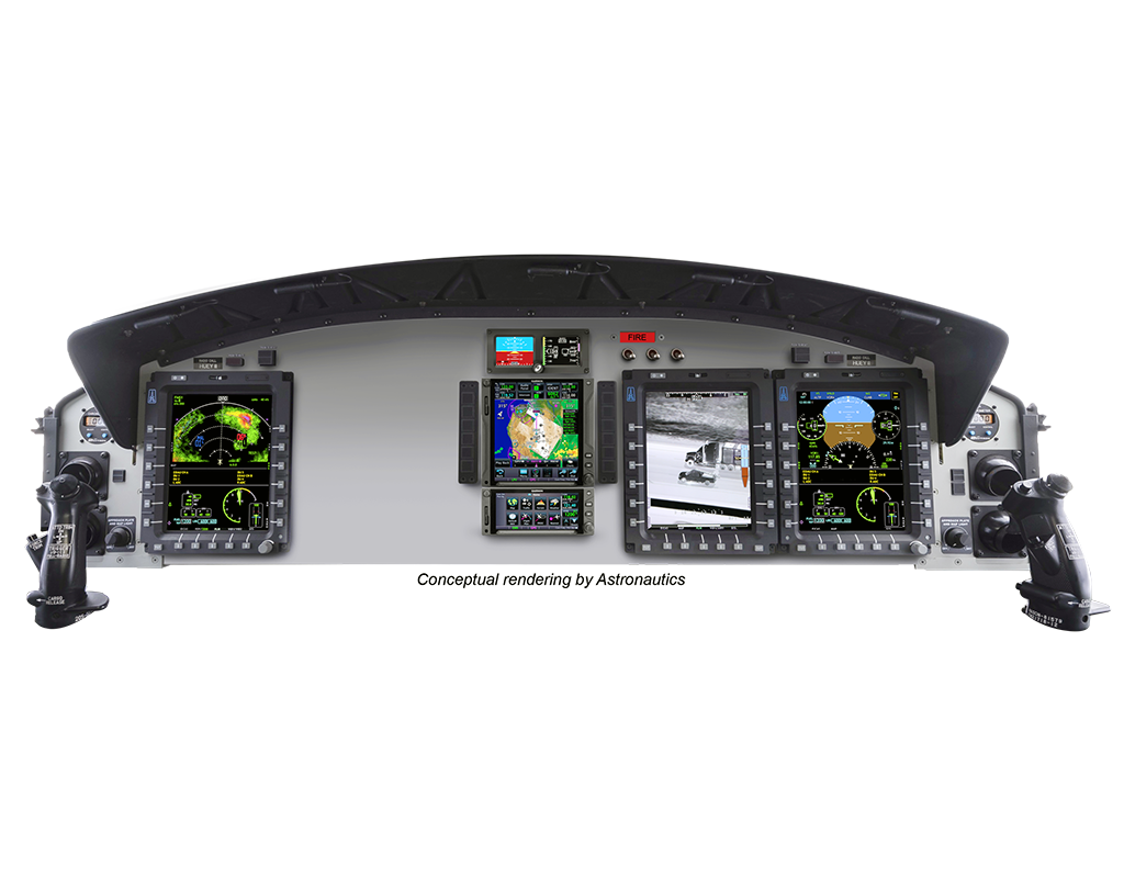 Badger Pro+ integrates information from across all systems on the aircraft, providing an operationally advanced pilot interface and a path for adding safety features, such as terrain and traffic awareness and Wide Area Augmentation System compatibility. Conceptual rendering by Astronautics.