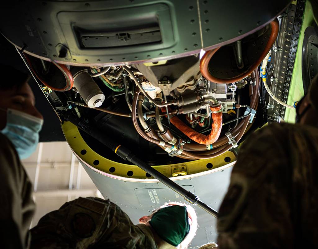 U.S. Air Force Airmen assigned to the 20th Special Operations Squadron familiarize themselves with the new nacelle improvement modifications on a CV-22 Osprey tilt-rotor aircraft at Cannon Air Force Base, N.M., Jan. 7, 2022. Airman 1st Class Drew Cyburt for U.S. Air Force Photo