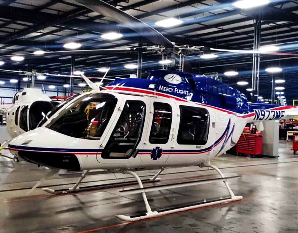 The new Bell 407 GXi aircraft was given the tail number N973MF to signify founder George Milligan’s year of retirement from the FAA. Mercy Flight Photo