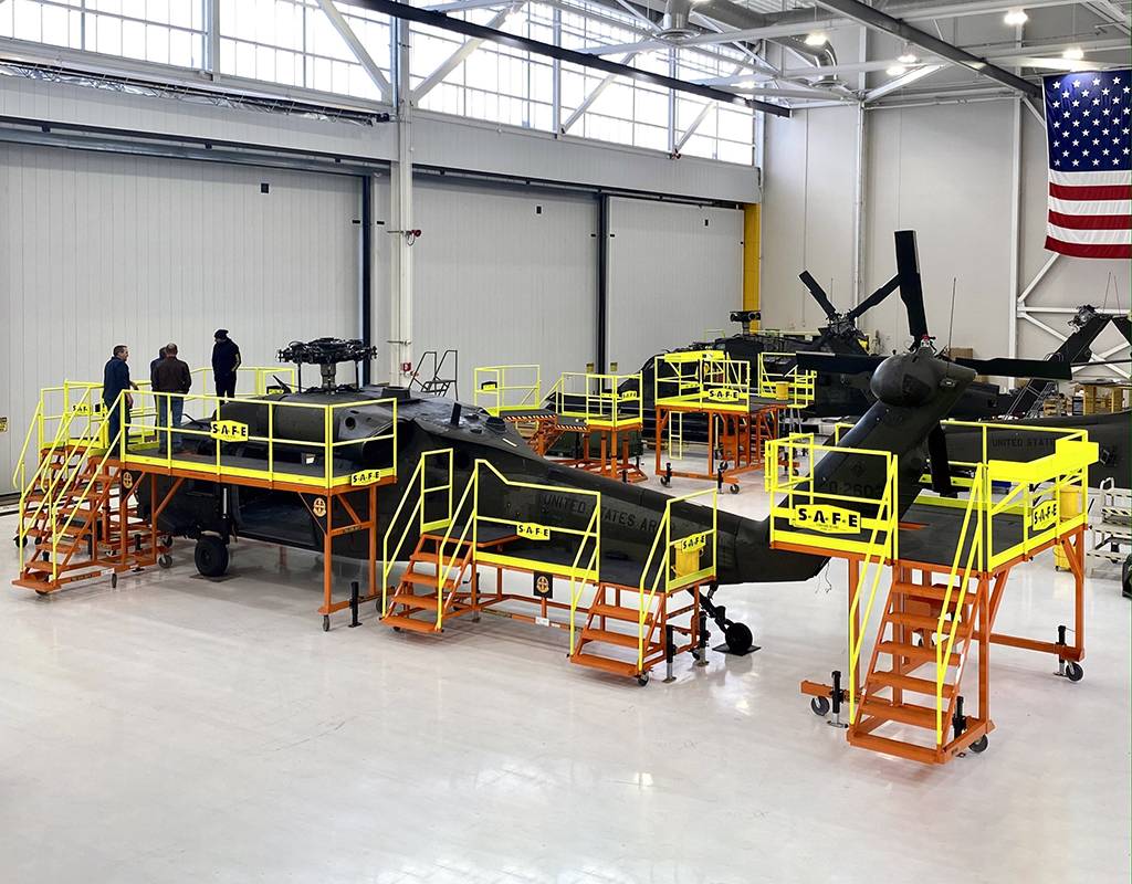The SAFETY FIRST ergonomic platforms allow technicians SAFE access to all areas of their Sikorsky UH-60 aircraft fleet. S.A.F.E. Photo