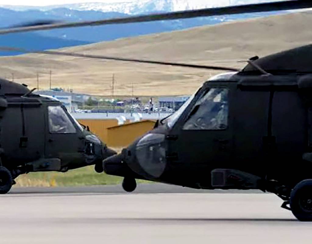 Two HH-60 Black Hawk helicopters previously faced off in testing of Vita Inclinata’s Rescue System Litter Attachment’s capabilities at Montana Army National Guard base in Helena, Montana. Vita Inclinata Image