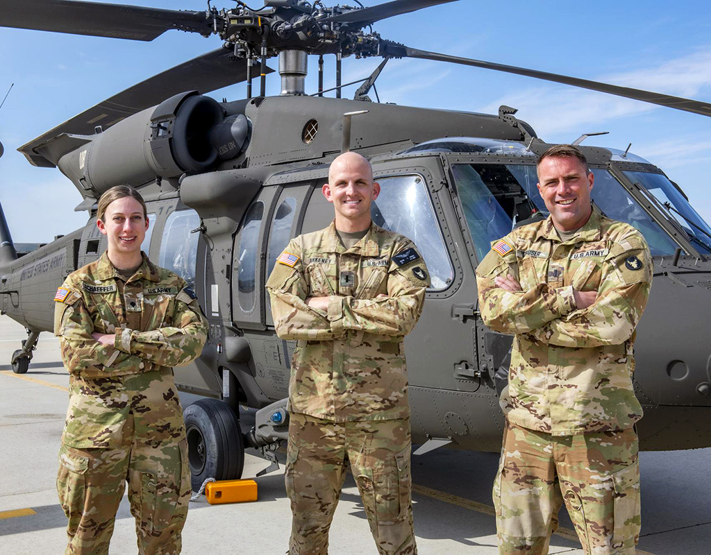 From left, Spc. Brogan Schaeffer, 1st Lt. Colton Ankeney and 1st Lt. Lucas Glauser. Master Sgt. Becky Vanshur for U.S. National Guard Photo