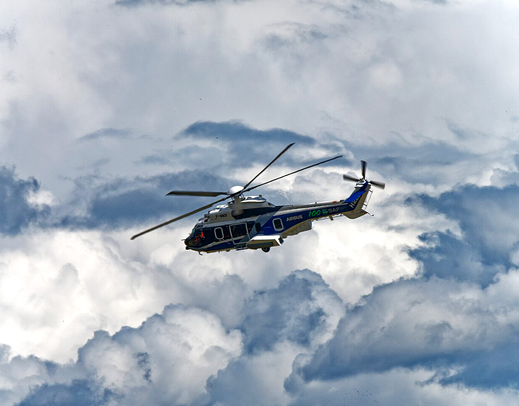In June 2022, an Airbus H225 performed the first ever helicopter flight with 100 percent sustainable aviation fuel powering both Safran Makila 2 engines. Airbus Helicopters Photo