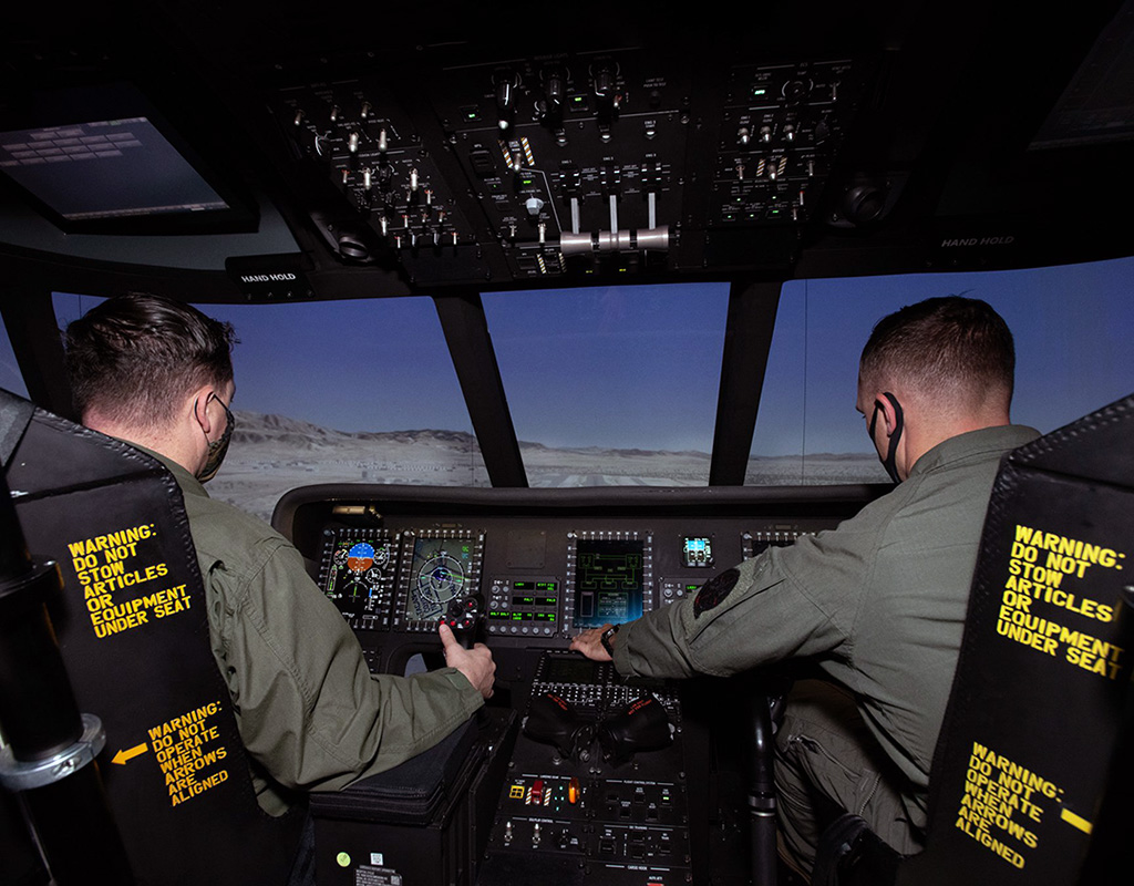 Marine Corps aviators in the CH-53K Containerized Flight Training Device (CFTD) experience a highly immersive virtual environment allowing flight crews to train on the full scope of Marine Corps heavy lift missions, including external lift operations. Lockheed Martin Photo