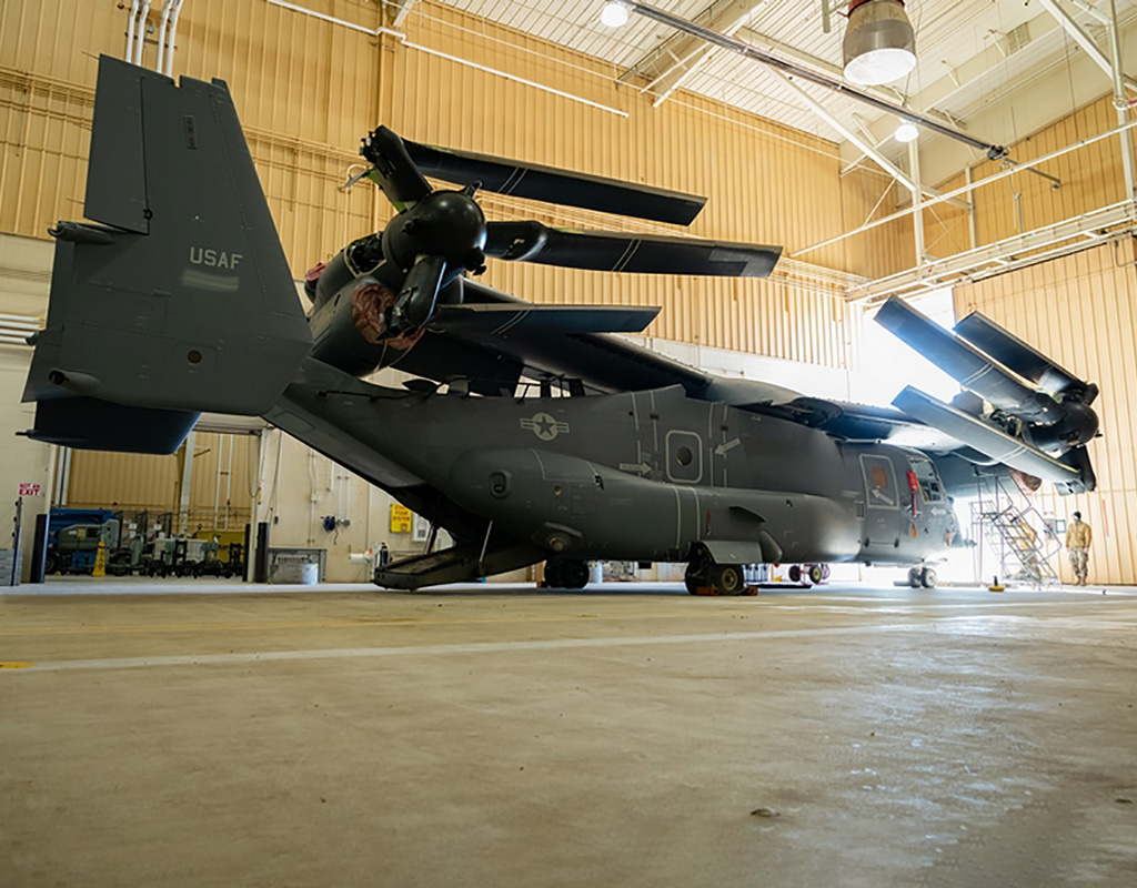 U.S. Air Force Airmen assigned to the 20th Special Operations Squadron familiarize themselves with the new nacelle improvement modifications on a CV-22 Osprey tilt-rotor aircraft at Cannon Air Force Base, N.M., Jan. 7, 2022. Airman 1st Class Drew Cyburt for U.S. Air Force Photo