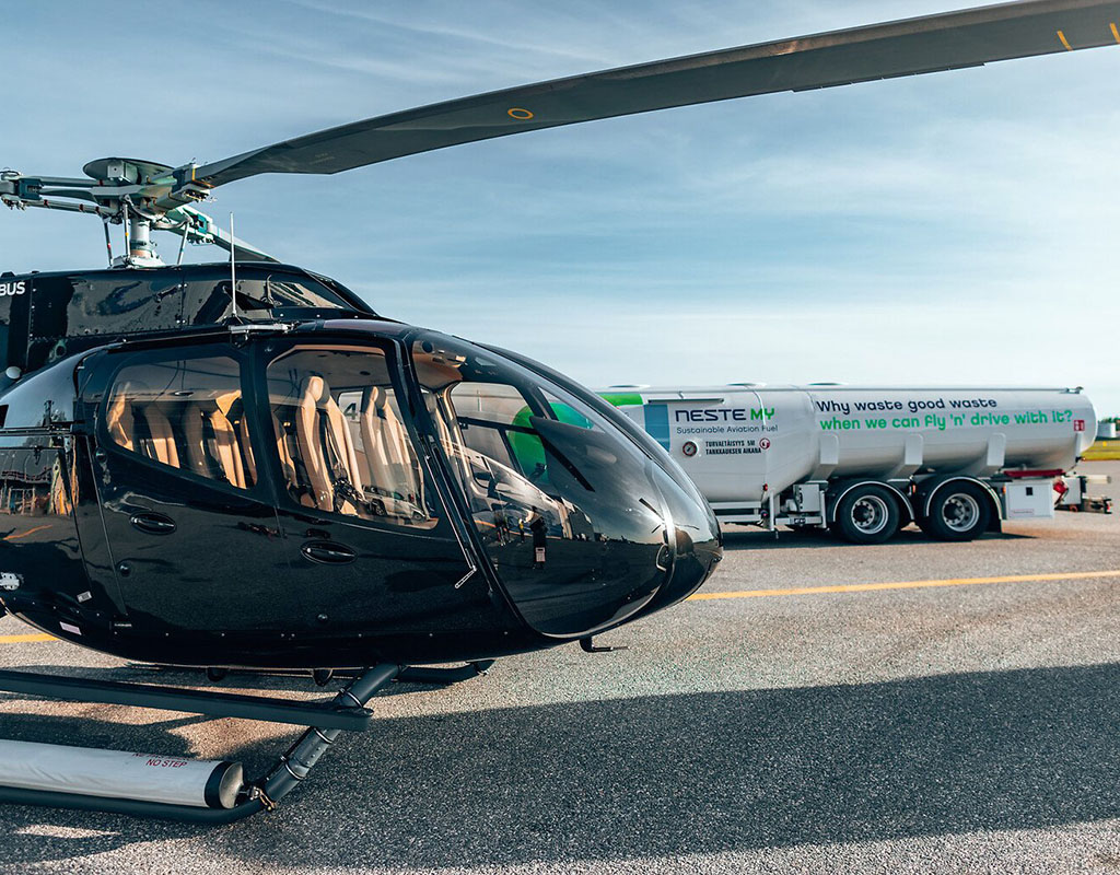 Helsinki Citycopter will begin by replacing 10% of its annual refueling with an approximate mixture of 38% SAF and 62% fossil aviation fuel. Airbus Photo