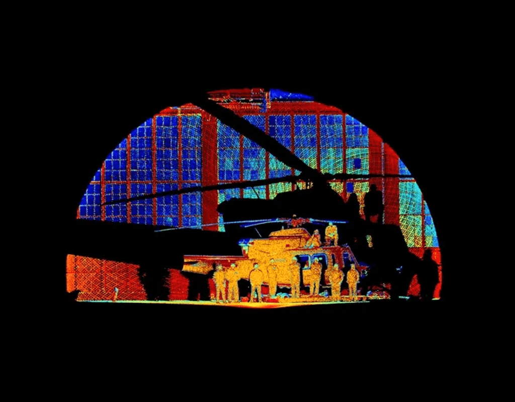 Project team in front of the NRC’s Bell 412 helicopter – LIDAR technology view. The helicopter is equipped with this technology to detect obstacles. NRC Image
