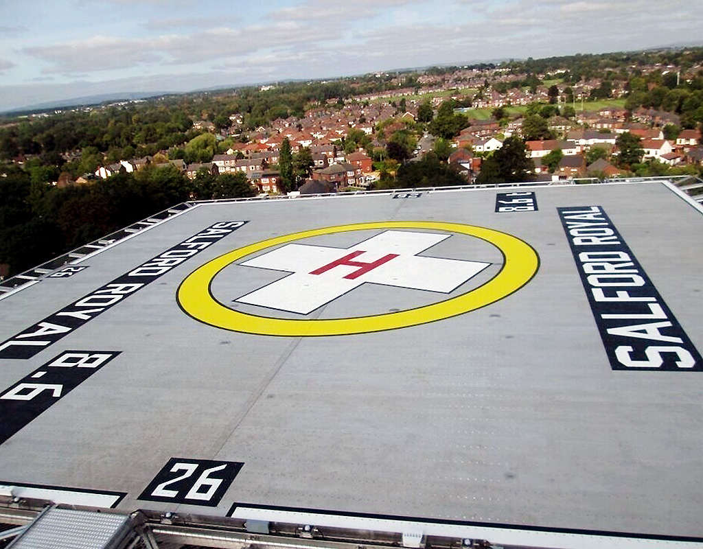 Built on top of the Greater Manchester Major Trauma Hospital on the Salford Royal Hospital site, the helipad deck is approximately 284 square feet (26.4 square meters). HELP Appeal Photo
