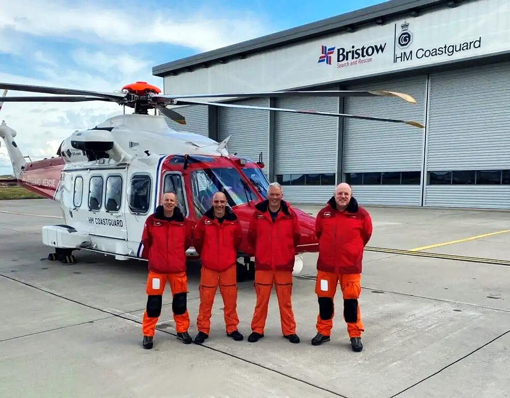 Crew of Rescue 151 – Captain Rob Green, Captain Simon Hammock, Philip Caudle, Duncan Tripp MBE. Honourable Company of Air Pilots Photo