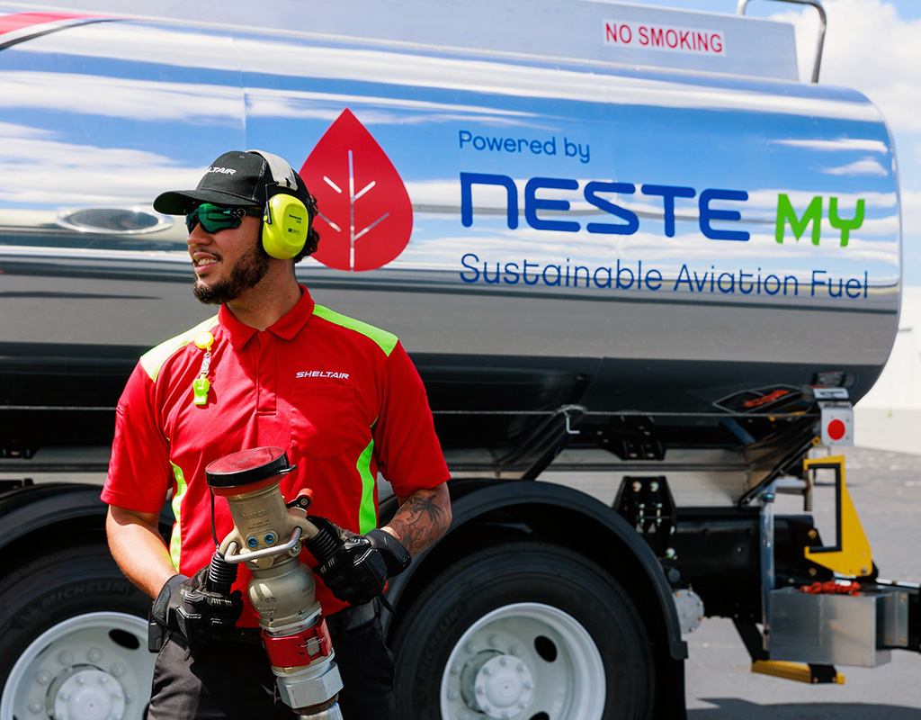 Two truckloads of Neste MY SAF reduce carbon emissions by 38 metric tons across its lifecycle—the equivalent of the amount of carbon emissions created by consuming 88 barrels of oil. Avfuel Photo