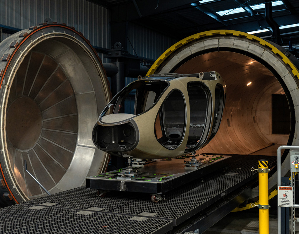 The fuselage of the first aircraft to be produced on Joby’s pilot manufacturing line in Marina, CA, heads into a large autoclave to be post cured at a precise temperature and pressure. Joby Aviation Image