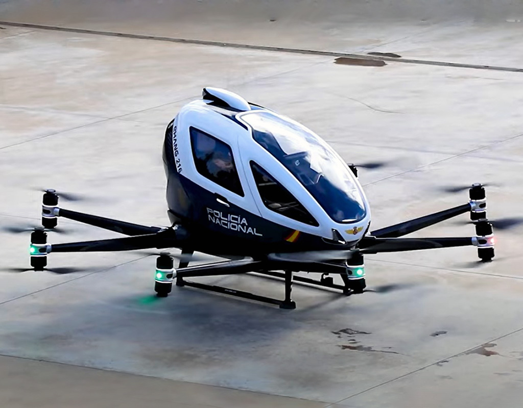 EHang has announced that its EH216 autonomous aerial vehicle (AAV) has completed its maiden flight by the Spanish National Police (SNP) at the National Academy of Police in Avila, Spain. EHang Image