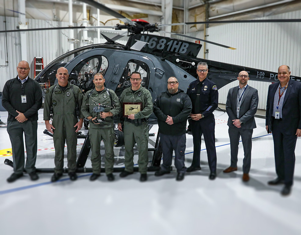 Huntington Beach Police Department MD 530F delivery ceremony: MD Helicopters: Jack Harris, Jason Lindauer, Brad Pedersen. Huntington Beach Police Department: Captain Bo Svendsbo, Sergeant Jerry Goodspeed, Officer/Chief Pilot Mark Wersching, Officer/Pilot Jon Deliema, Mechanic Mike Cavanaugh. MD Helicopters Photo