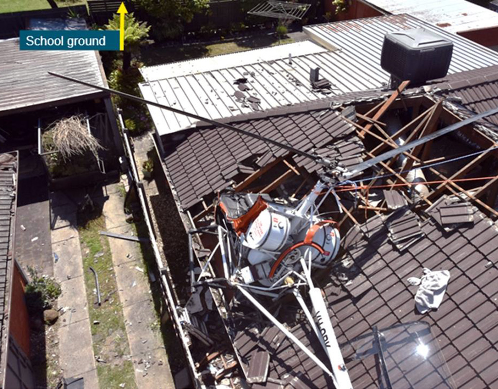 On the afternoon of Nov. 30, 2022, a Hughes 269C three-seat light helicopter collided with the roofs of two houses near Moorabbin Airport. ATSB Photo