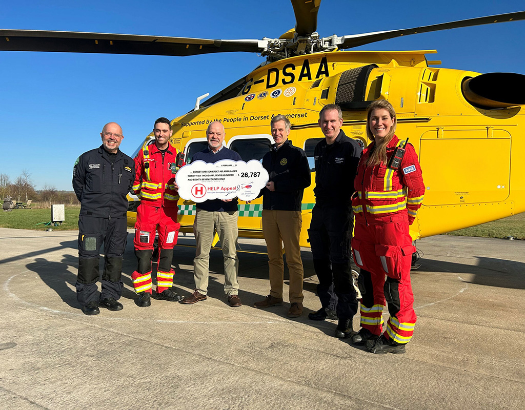 Simon Jones from the HELP Appeal visited Dorset and Somerset Air Ambulance’s (DSAA) to present a check for £27,787 to fund new runway lights, helipad lighting and a new windsock at its Henstridge Airfield home. HELP Appeal Photo