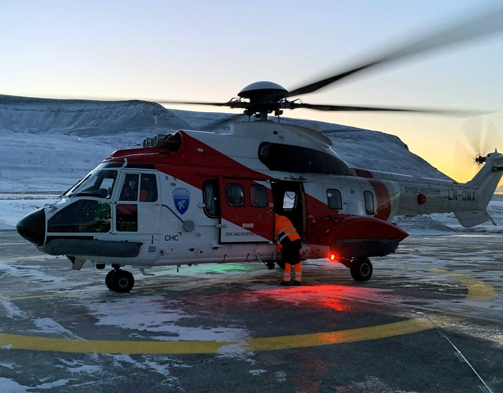 Super Puma AS332 C/C1/L/L1 in Longyearbyen on the Island of Spitsbergen, in the Norwegian archipelago of Svalbard during the flight test for the installation of a Lifeseeker STC 10080957, installed by Sabena Technics. Sabena Technics Photo