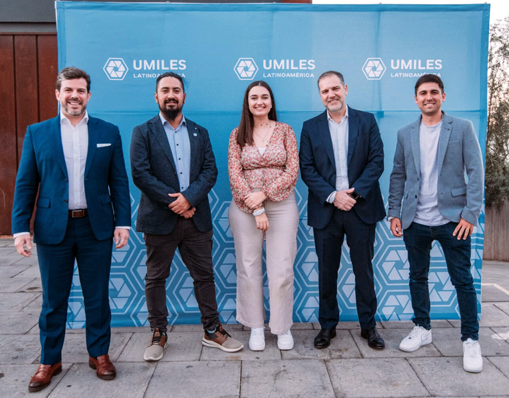 From left are Carlos Poveda, CEO of UMiles Group, Diego Mendoza, partner and founder of Umiles Latin America, Gloria Bitzenhofer, social media marketing and communication specialist at Umiles Group, Raúl Cortijo, chief operating offer at Umiles UAV, and Iván Merino, drone pilot. Umiles UAV Image