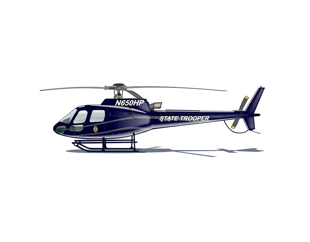 An artist’s rendering of the Airbus H125 helicopter being delivered to the Kansas Highway Patrol. CNC Technologies Image