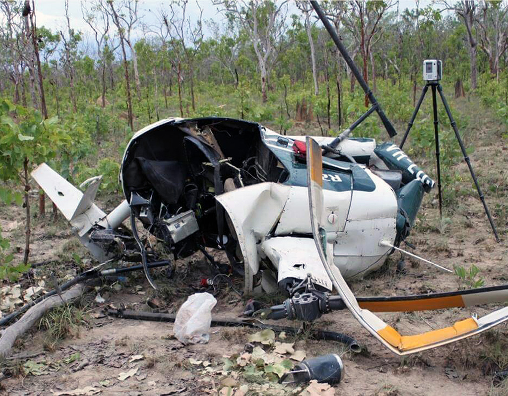 The wreckage of a Robinson R22 helicopter that crashed in a remote area of Australia in November 2022. ATSB Photo