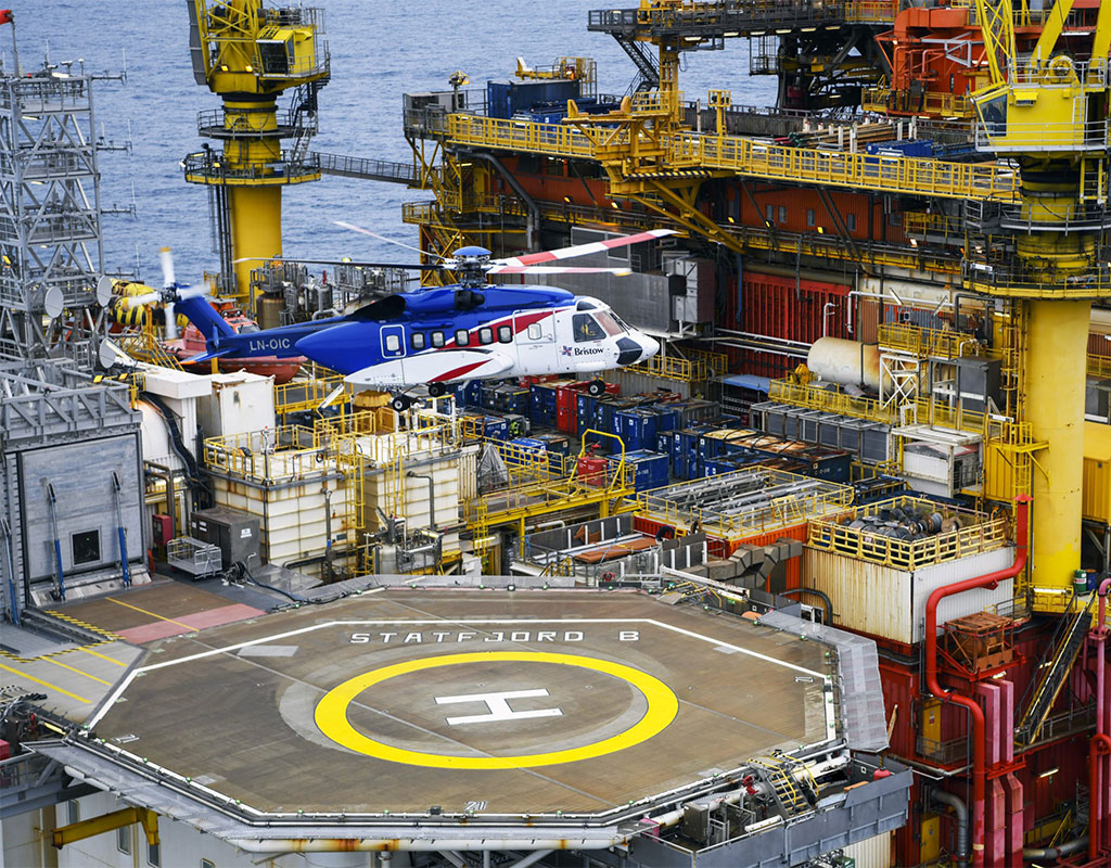 A Bristow S-92 flies over the Equinor Statfjord B platform, which is one of the oldest producing fields on the Norwegian continental shelf, and the largest oil discovery in the North Sea. Bristow Photo