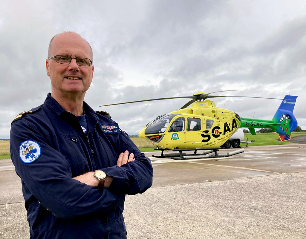Myles, 59, played a pivotal role in setting up a helicopter emergency medical service (HEMS) base at Perth in 2013. Scotland’s Charity Air Ambulance Photo