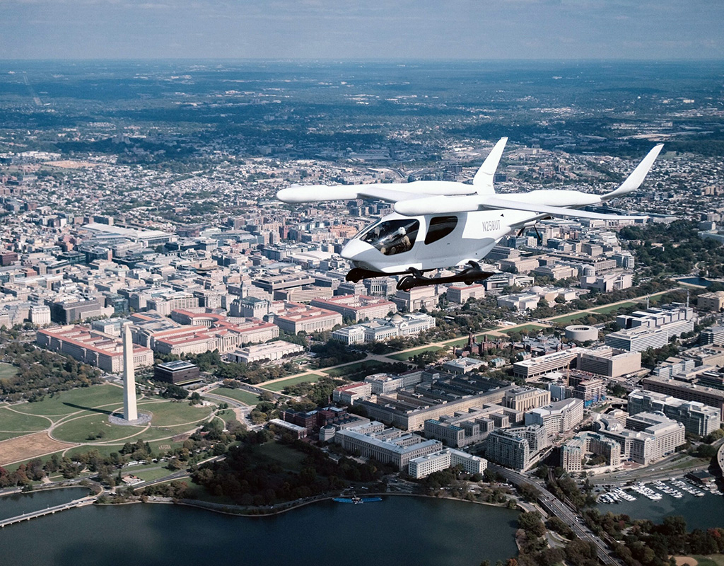 A Beta Technologies ALIA aircraft flies over Washington, D.C. Beta Technologies Photo