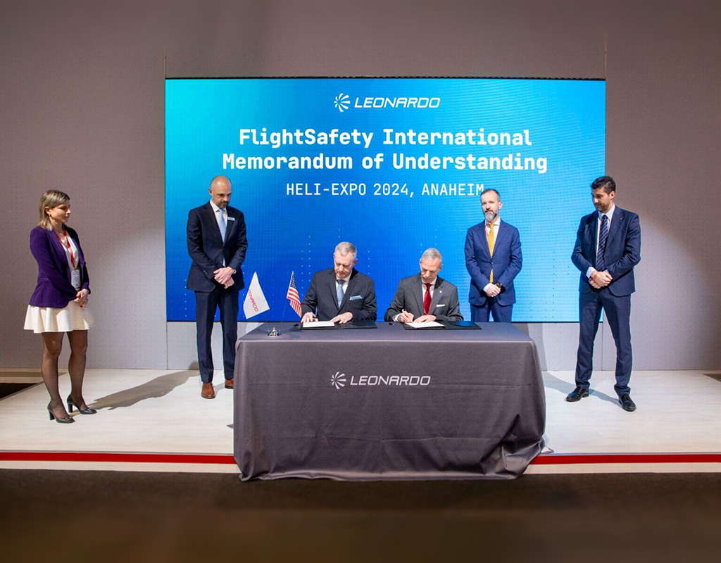 Under the MoU, the partners will evaluate the potential design, production, sale and operation of training devices for use at FlightSafety, Leonardo’s helicopter sites or third party facilities. Leonardo Photo