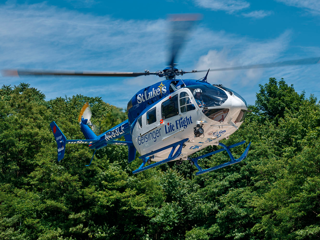 Geisinger Life Flight now commands a rotary-wing fleet of MBB/Kawasaki BK 117, BK 117-C1, and Airbus EC145 (pictured) medical helicopters. Geisinger Photo
